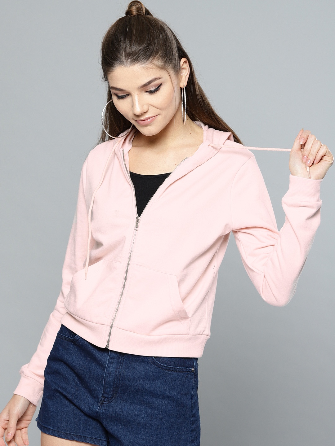 

Harpa Women Light Pink Solid Hooded Sweatshirt