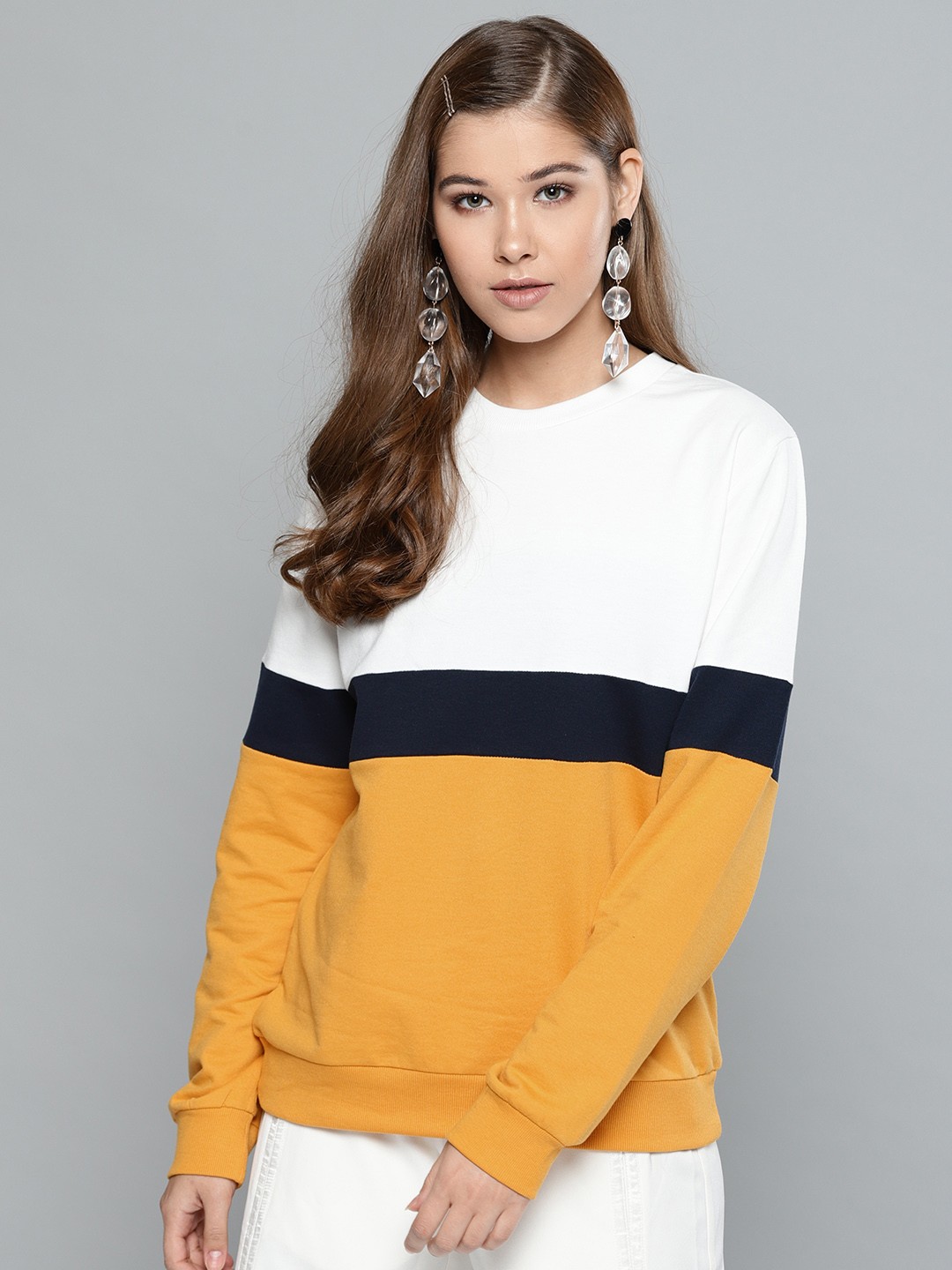 

Harpa Women Mustard Yellow & White Colourblocked Sweatshirt