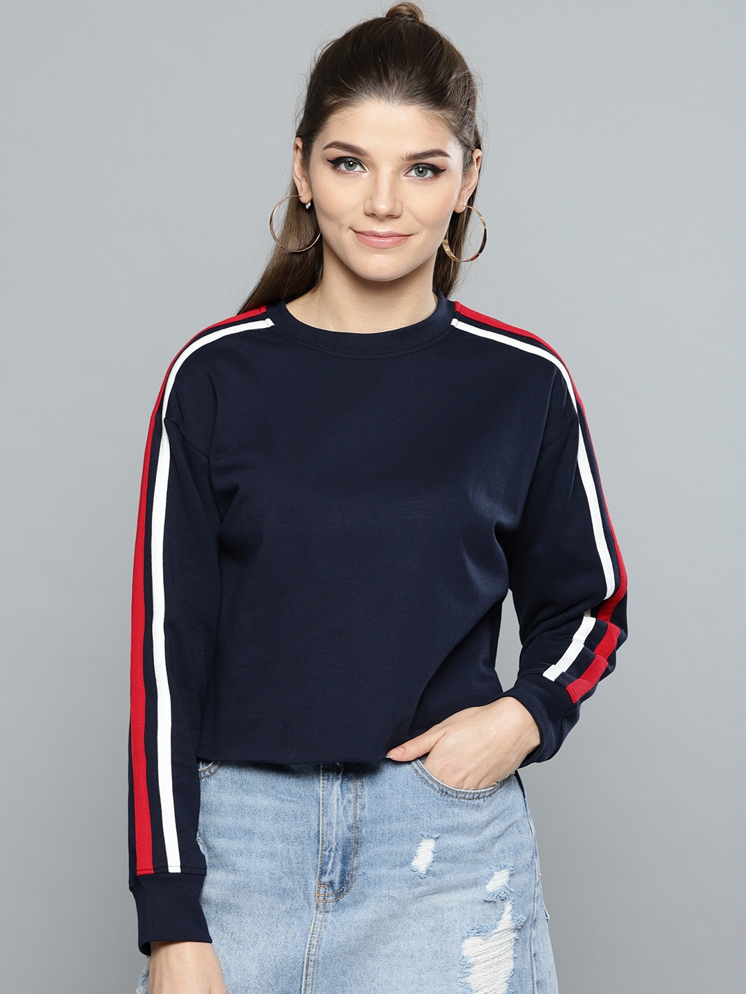 

Harpa Women Navy Blue & Red Solid Sweatshirt
