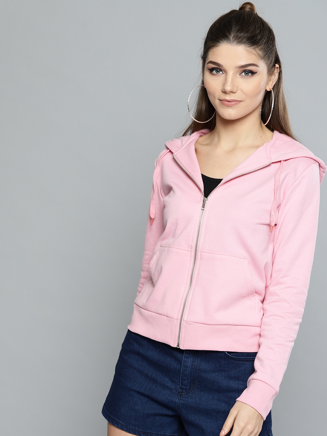 

Harpa Women Pink Solid Hooded Sweatshirt