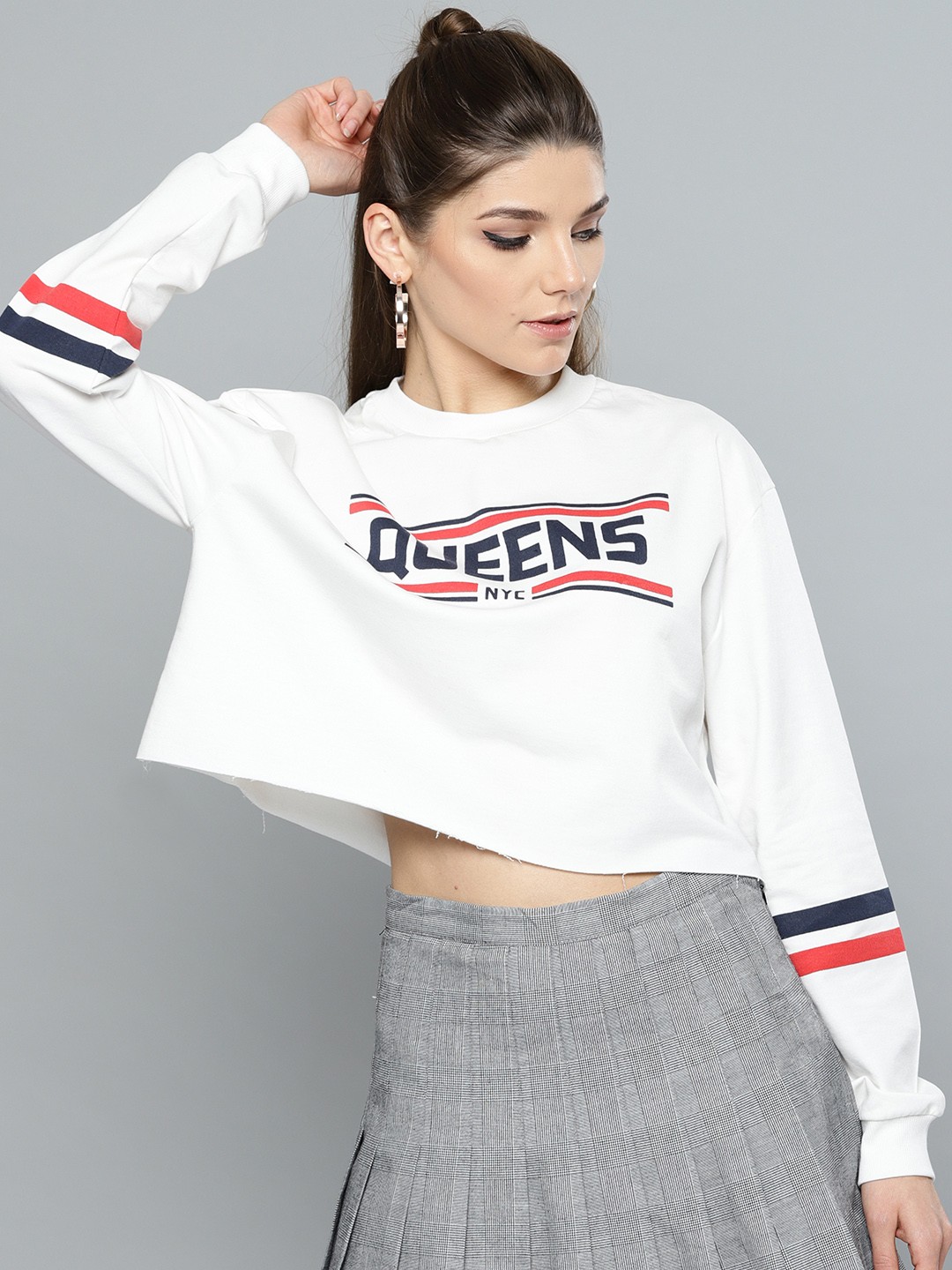 

Harpa Women White Printed Crop Sweatshirt