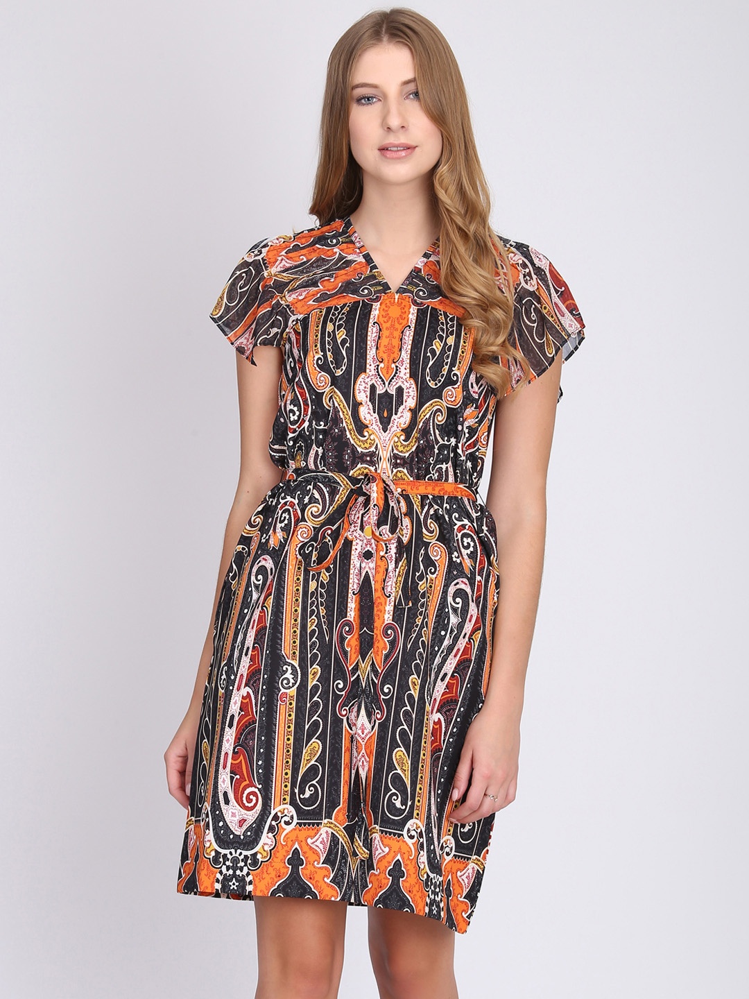 

NIZA Women Orange Printed Fit and Flare Dress