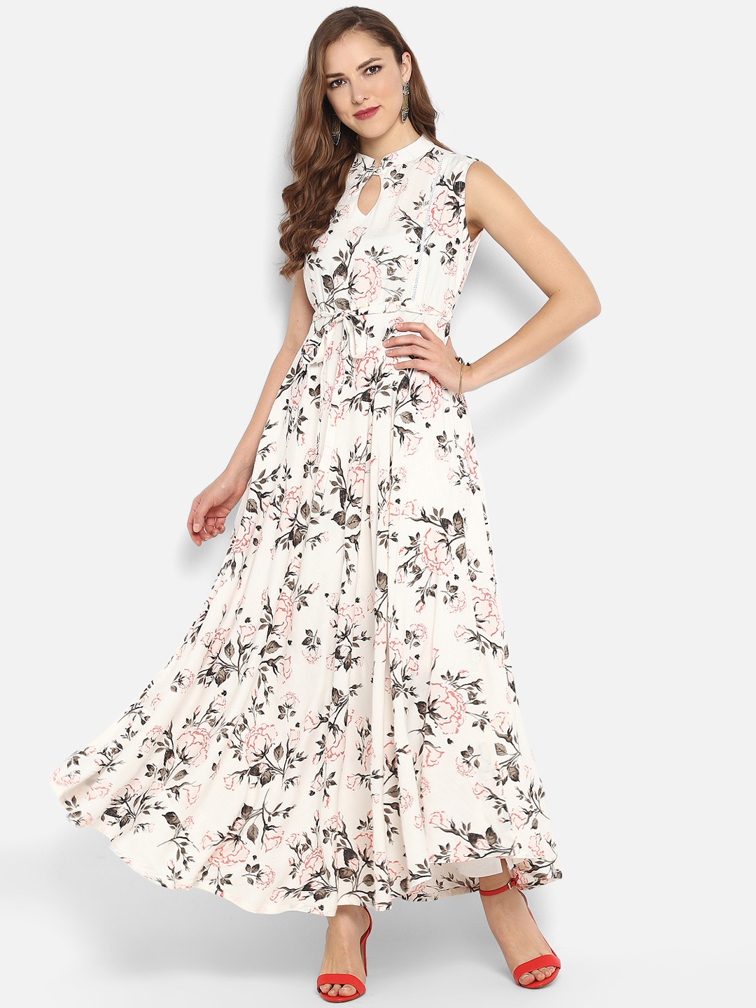 

Janasya Women White & Coral Printed A-Line Kurta