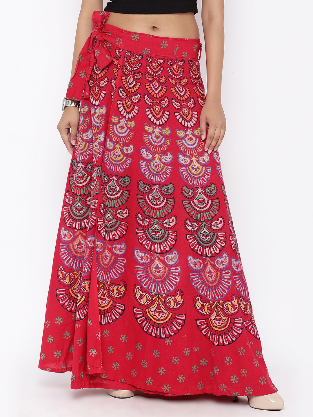 

SOUNDARYA Women Red Ethnic Print Wrap-Around Maxi Pure Cotton Skirt