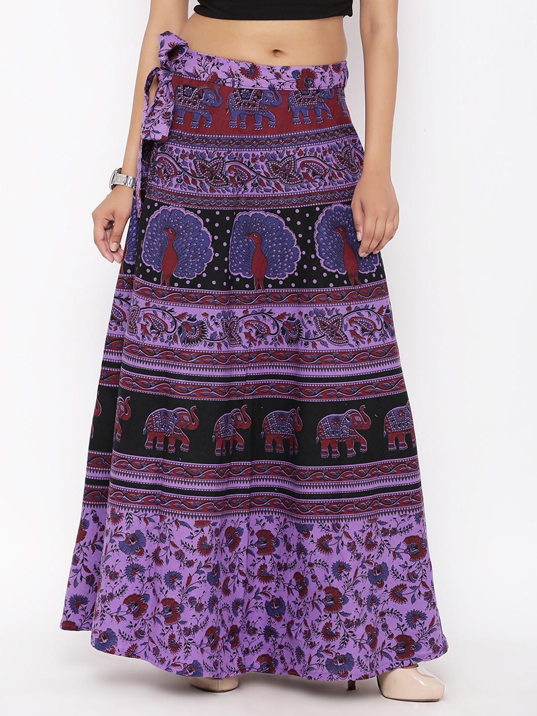 

SOUNDARYA Women Purple Ethnic Print Wrap-Around Maxi Pure Cotton Skirt