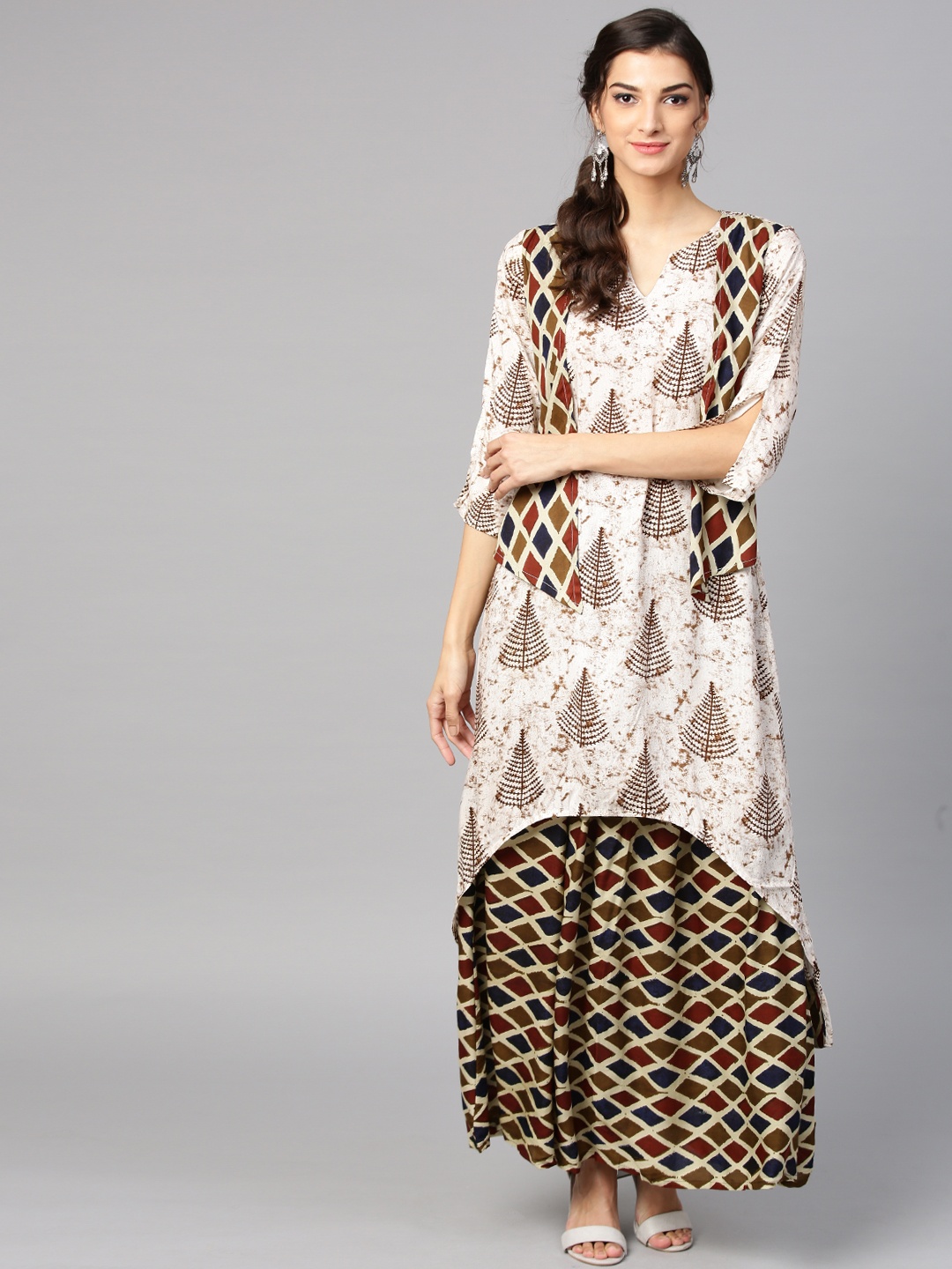 

Ives Women Off-White & Brown Printed Kurta with Skirt & Ethnic Jacket