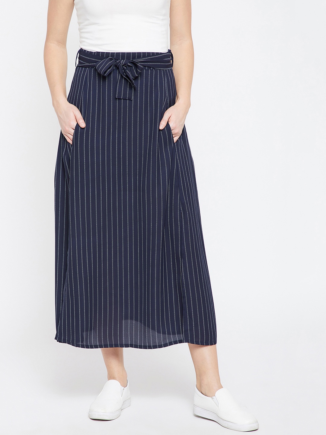 

RARE Women Navy Blue Striped A-Line Maxi Skirt