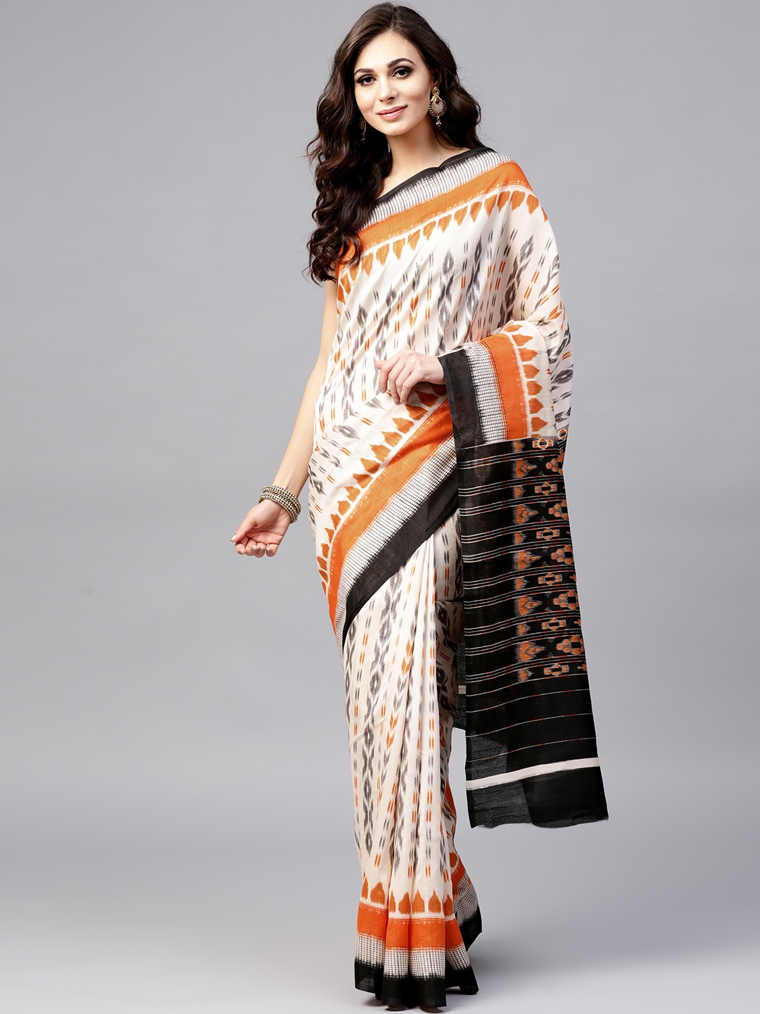 

Saree mall Cream-Coloured & Orange Printed Ikat Saree