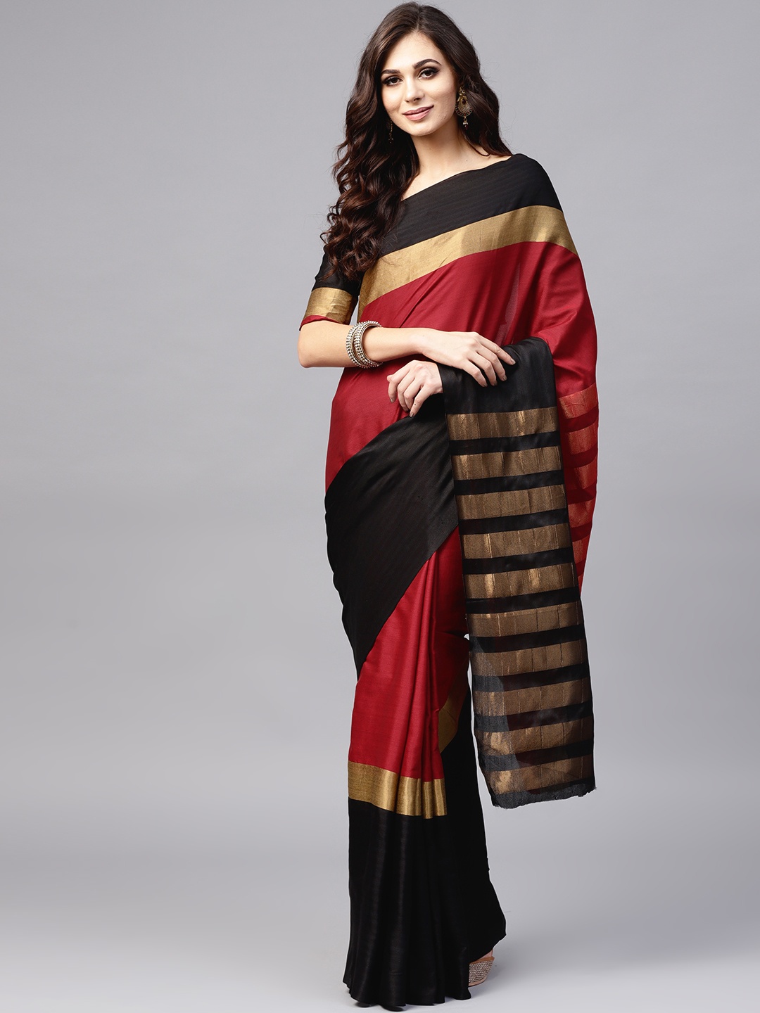 

Saree mall Red & Black Striped Banarasi Saree