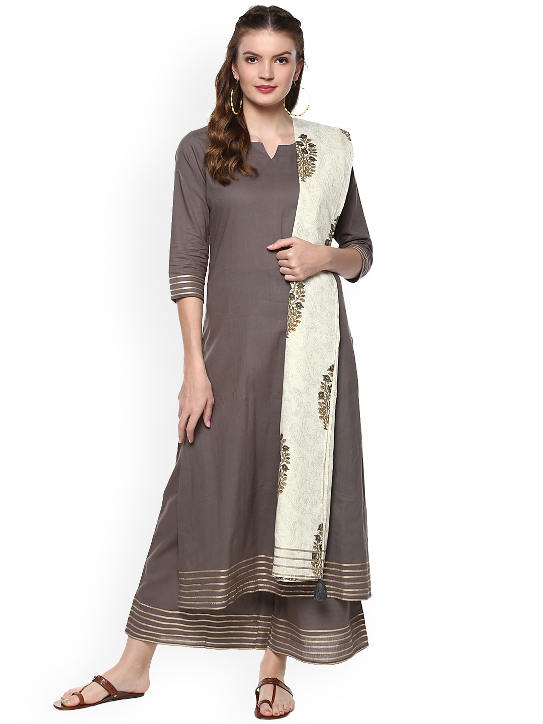 

Idalia Women Taupe & Solid Kurta with Palazzos & Dupatta