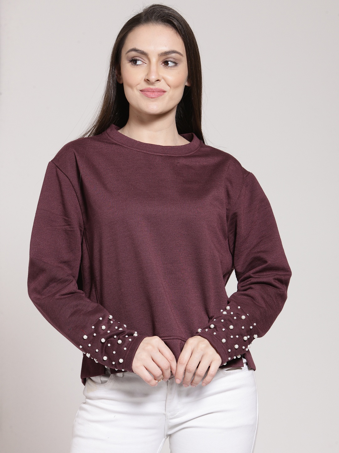 

plusS Women Burgundy Solid Sweatshirt