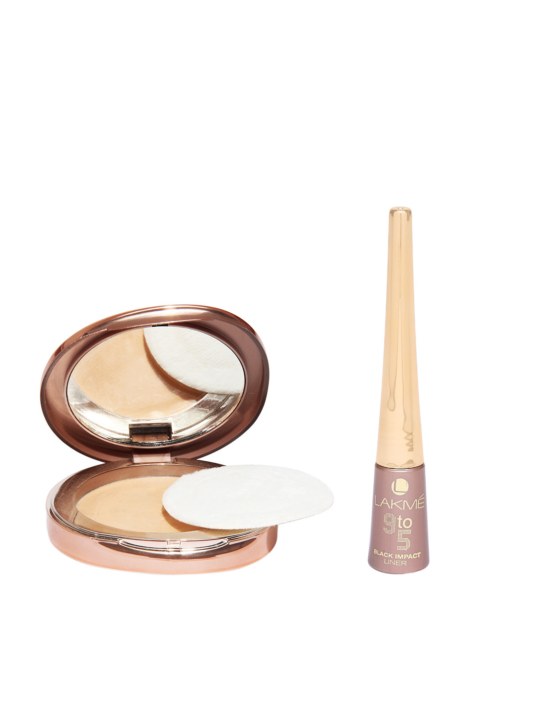 

Lakme Set of Nine to Five Melon Matte Complexion Compact & Black Impact Eyeliner, Beige