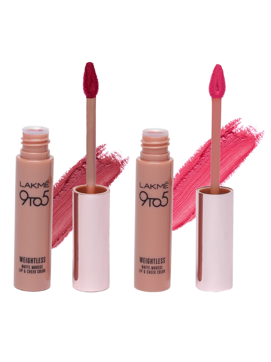 

Lakme Fuchsia Suede & Plum Feather 9to5 Weightless Matte Mousse Lip & Cheek Colors, Pink