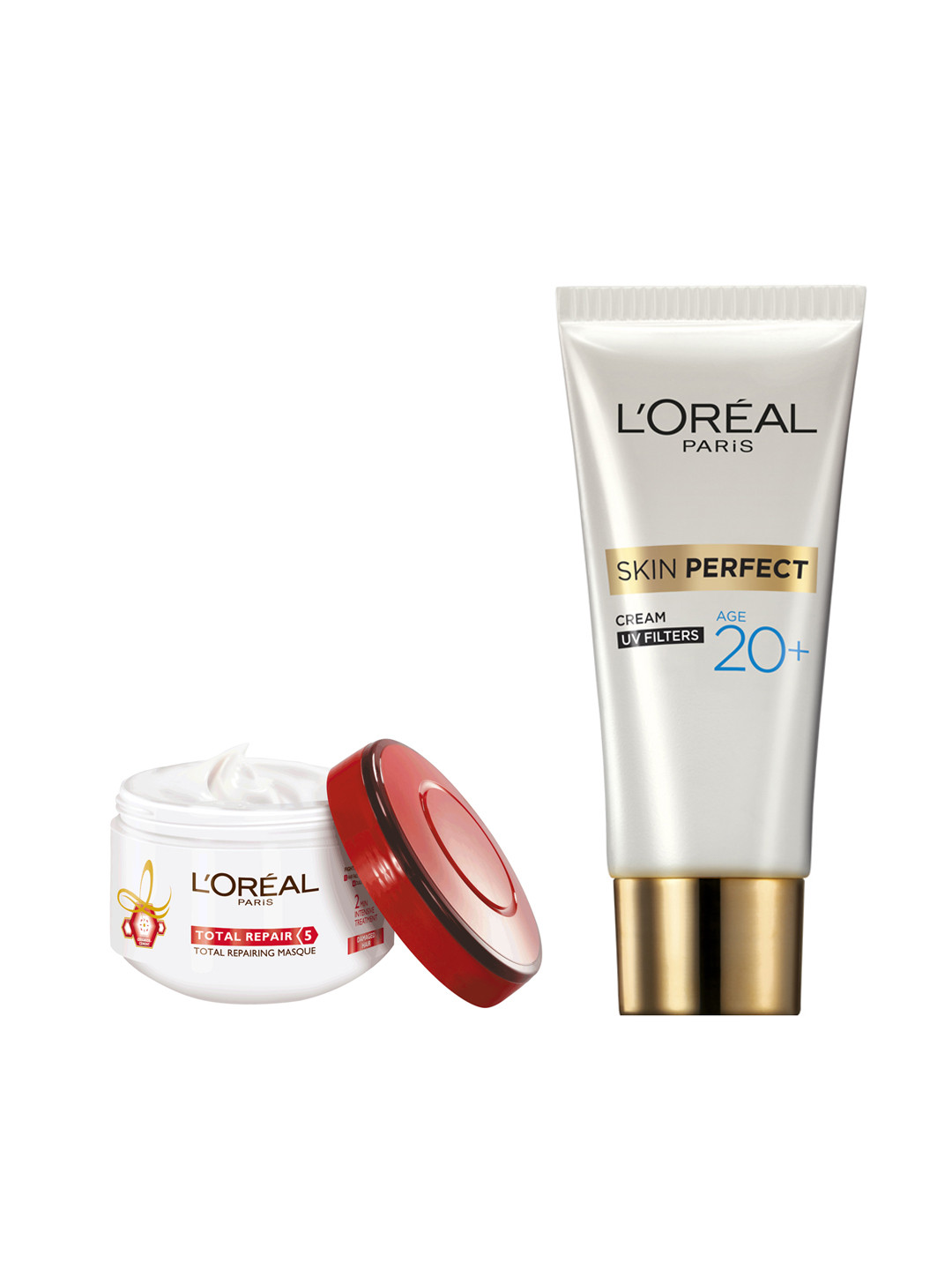 

LOreal Paris Set of Total Repair 5 Hair Masque & Anti-Imperfections Plus Whitening Cream, White