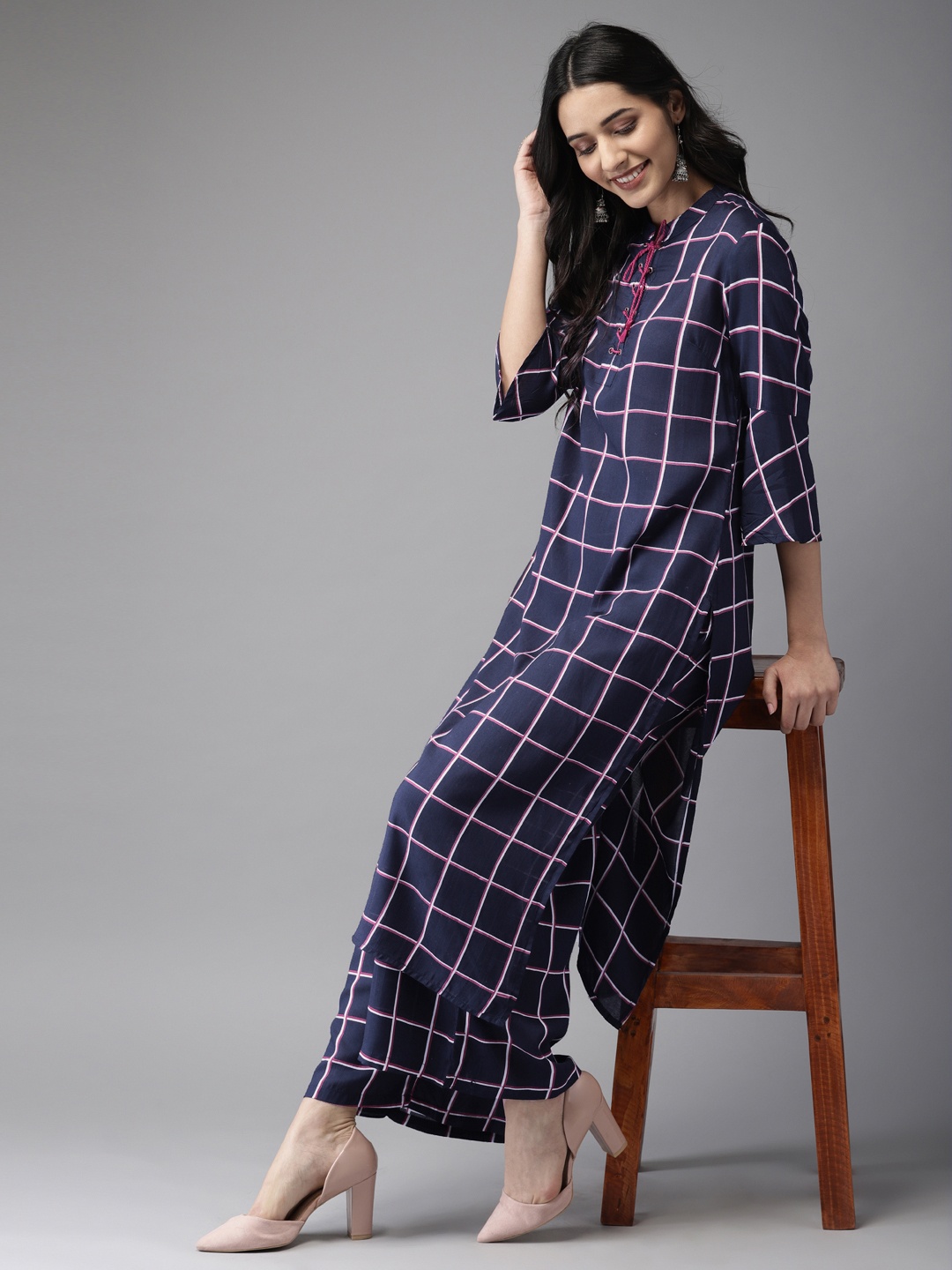

Anouk Women Navy Blue & Pink Checked Kurta with Palazzos
