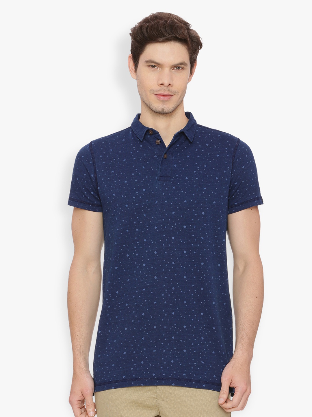 

Basics Men Navy Blue Printed Polo Collar T-shirt