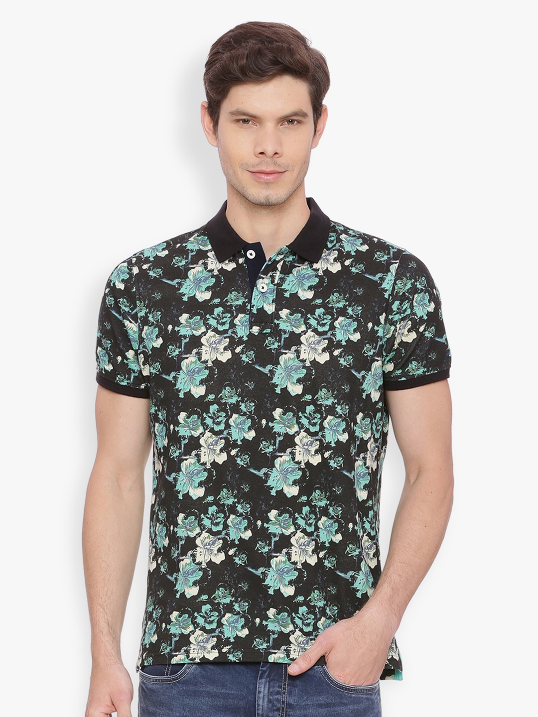 

Basics Men Charcoal Grey & Blue Printed Polo Collar T-shirt