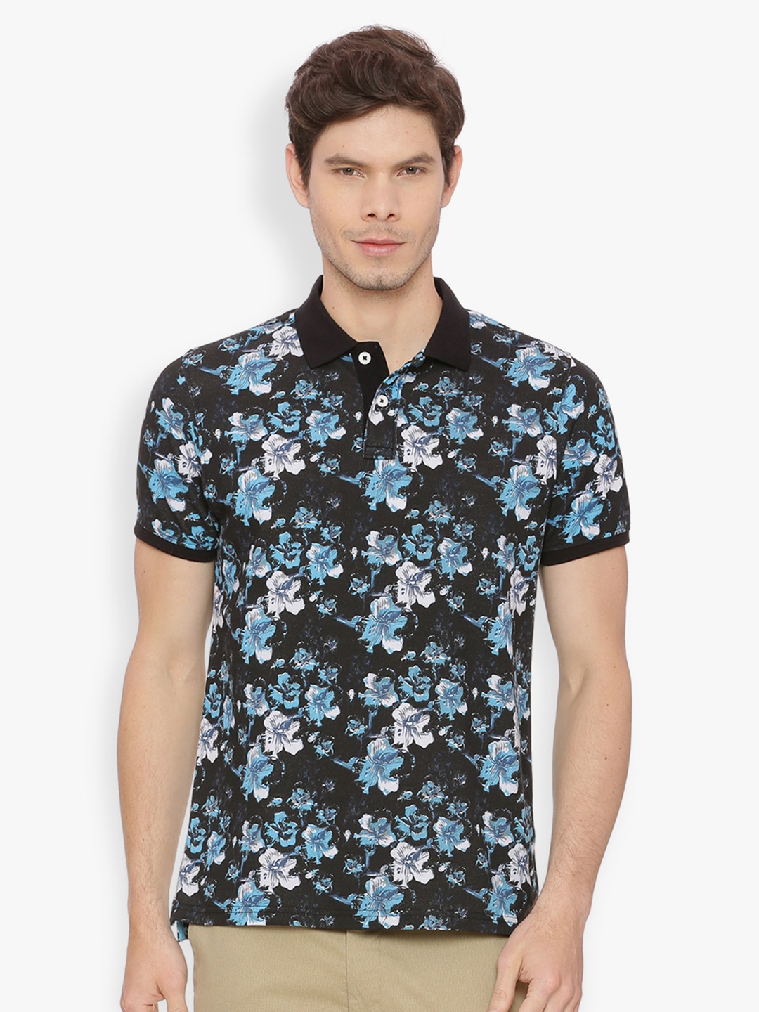 

Basics Men Black & Blue Printed Polo Collar T-shirt