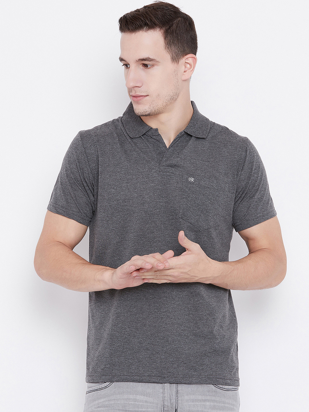 

Camey Men Grey Self Design Polo Collar T-shirt