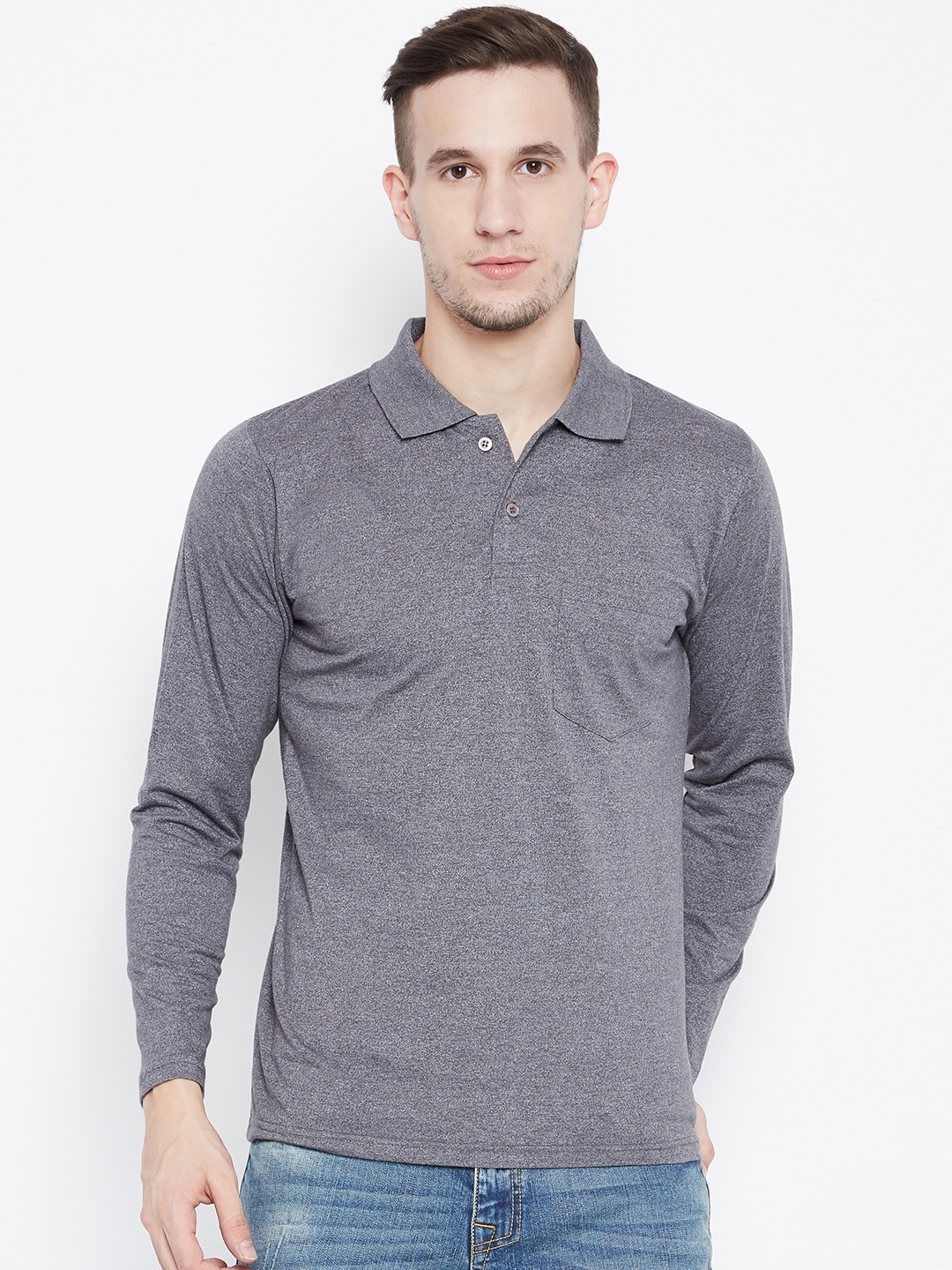 

Camey Men Grey Melange Self Design Polo Collar T-shirt