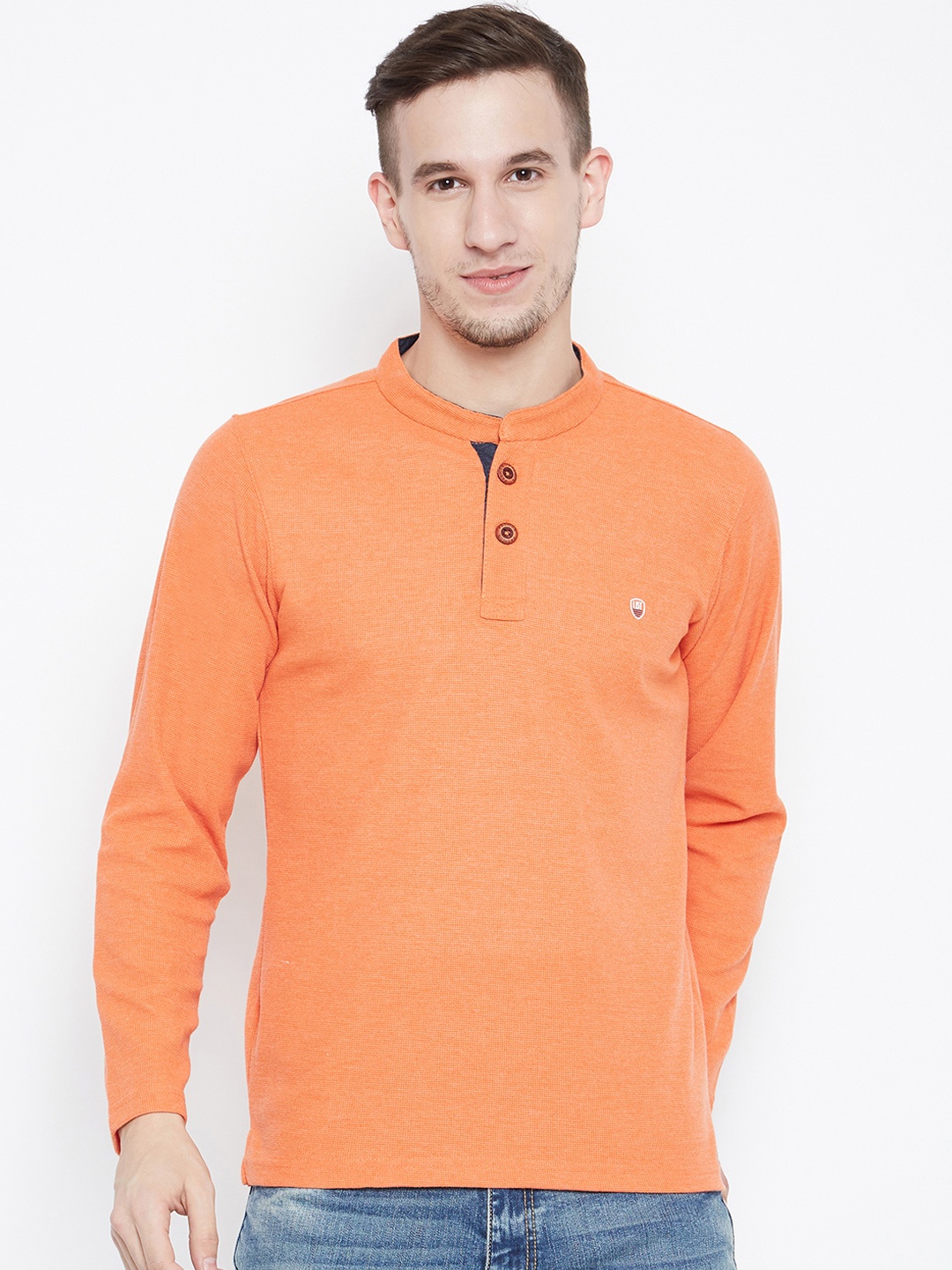 

Camey Men Orange Solid Henley Neck T-shirt