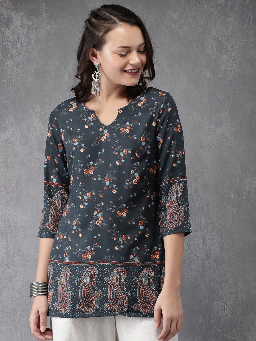 

Anouk Navy Blue Printed Kurti
