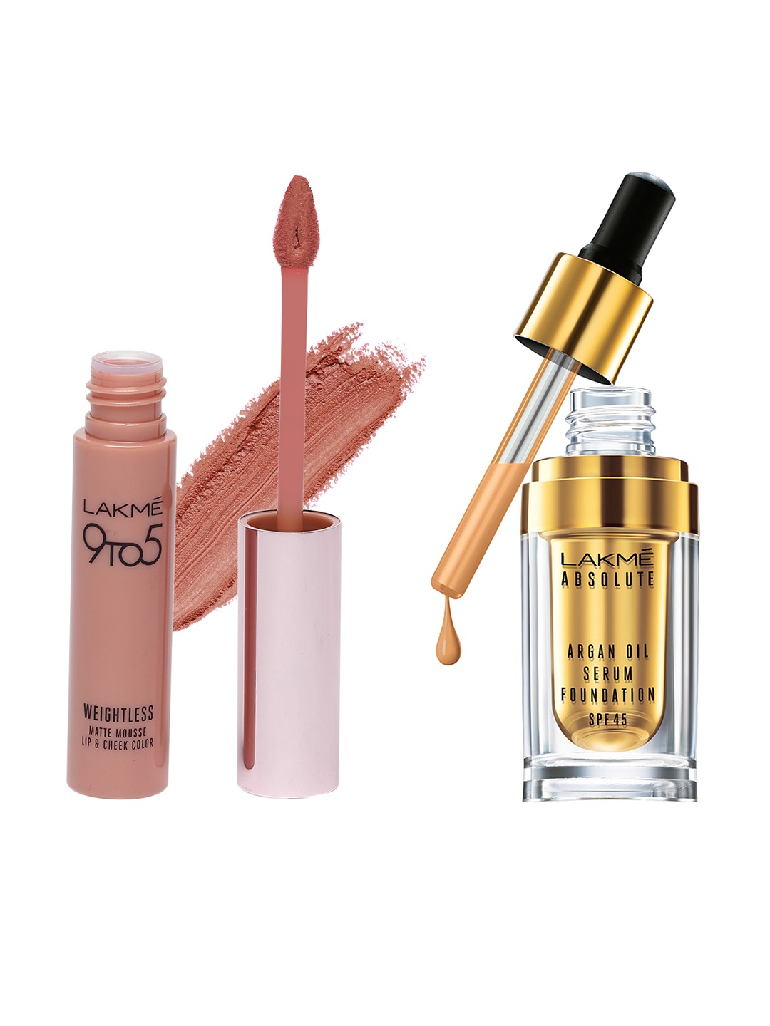 

Lakme Argan Oil Serum Foundation & Matte Nude Mousse Blush Velvet Lip & Cheek Colour, Beige