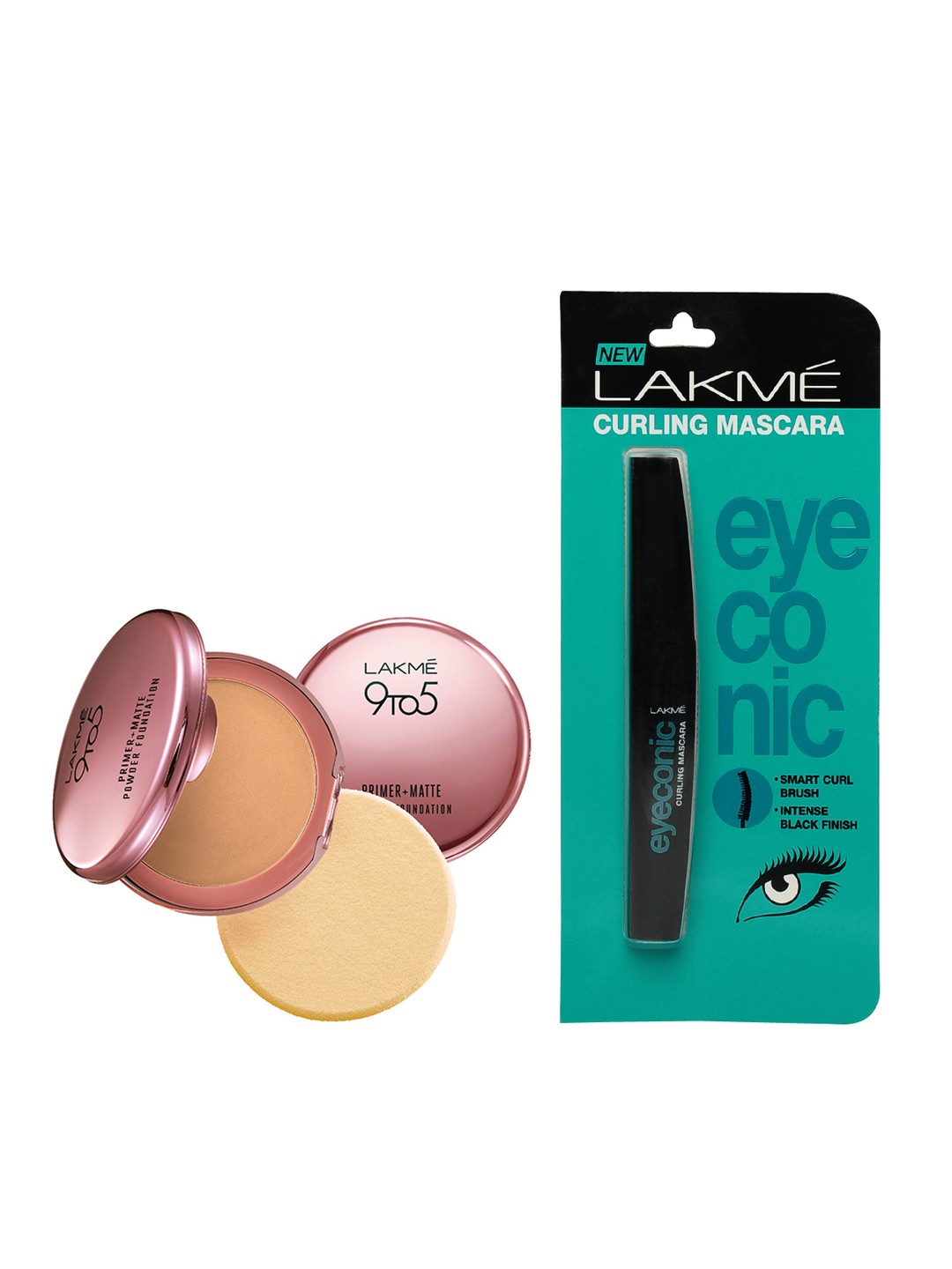 

Lakme 9to5 Primer+Matte Rose Silk Powder Foundation Compact & Eyeconic Curling Mascara, Beige