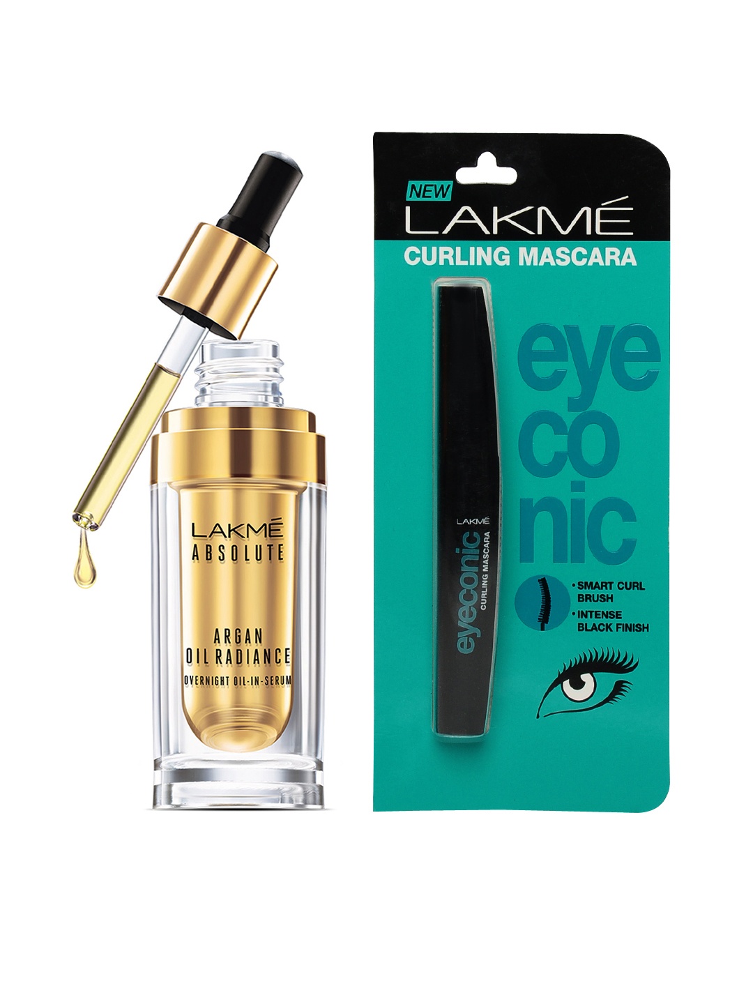 

Lakme Absolute Argan Oil Radiance Overnight Oil-in-Serum & Eyeconic Curling Mascara, Gold