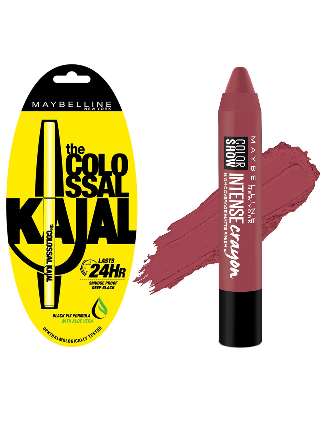 

Maybelline Black Smudge Proof Colossal Kajal & Intense Crayon Lipstick-Mystic Mauve