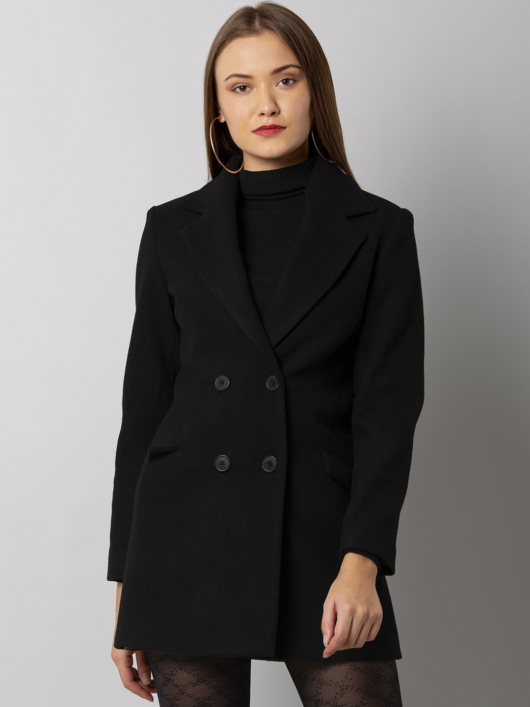 

FabAlley Women Black Solid Single-Breasted Overcoat