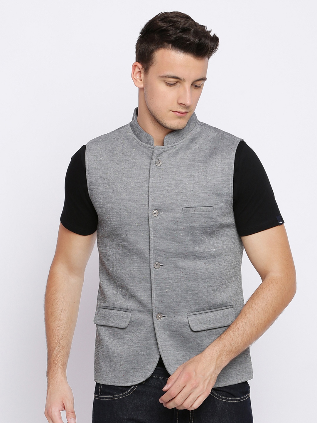 

Basics Men Grey Solid Open Front Jacket