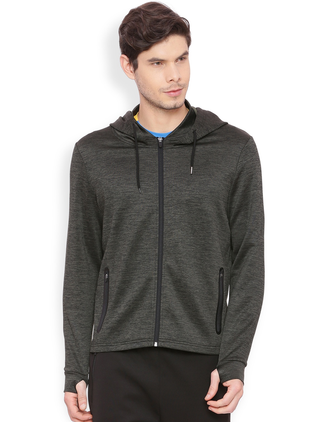 

Basics Men Charcoal Grey Solid Hooded Bomber