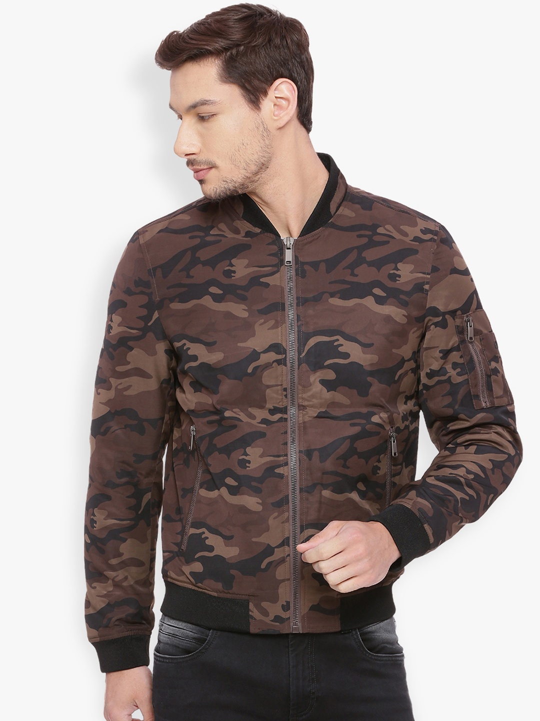 

Basics Men Brown Printed Open Front Jacket
