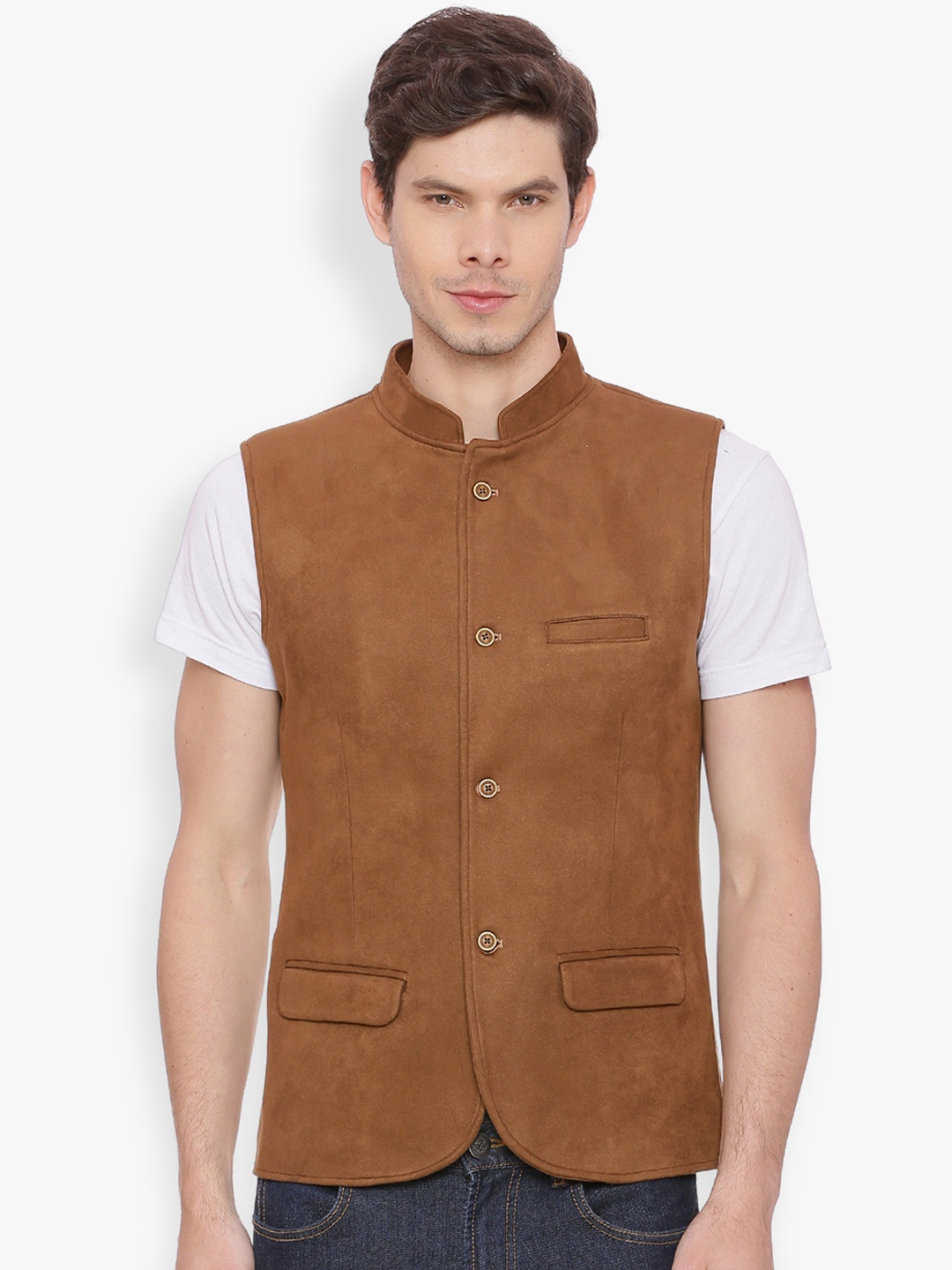 

Basics Men Brown Solid Open Front Jacket