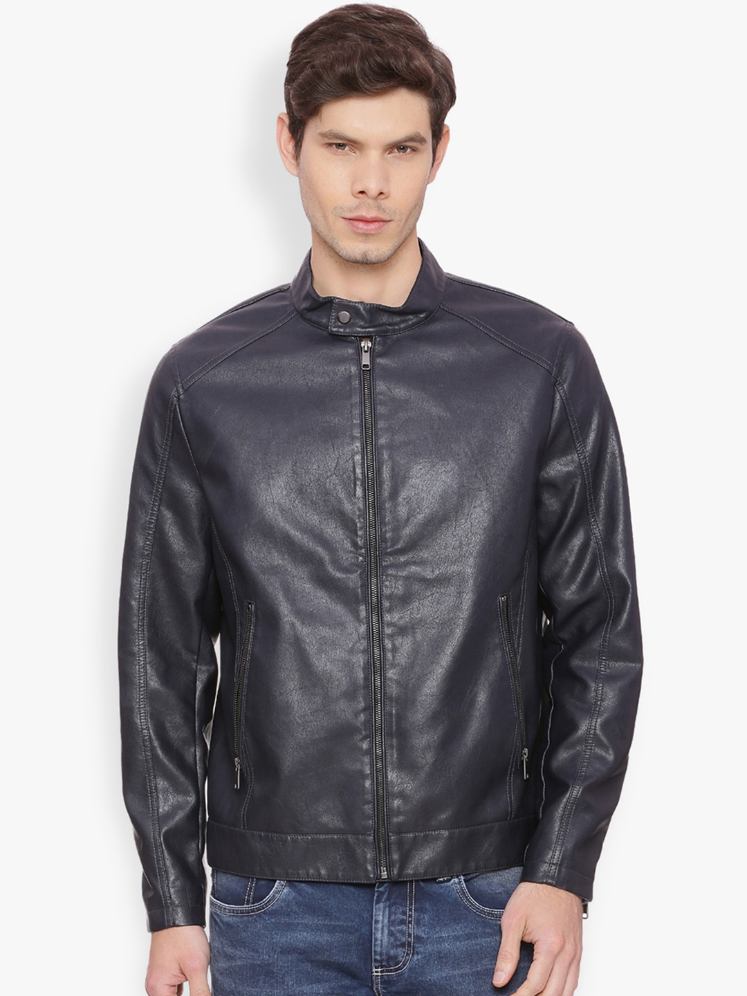 

Basics Men Navy Blue Solid Biker Jacket