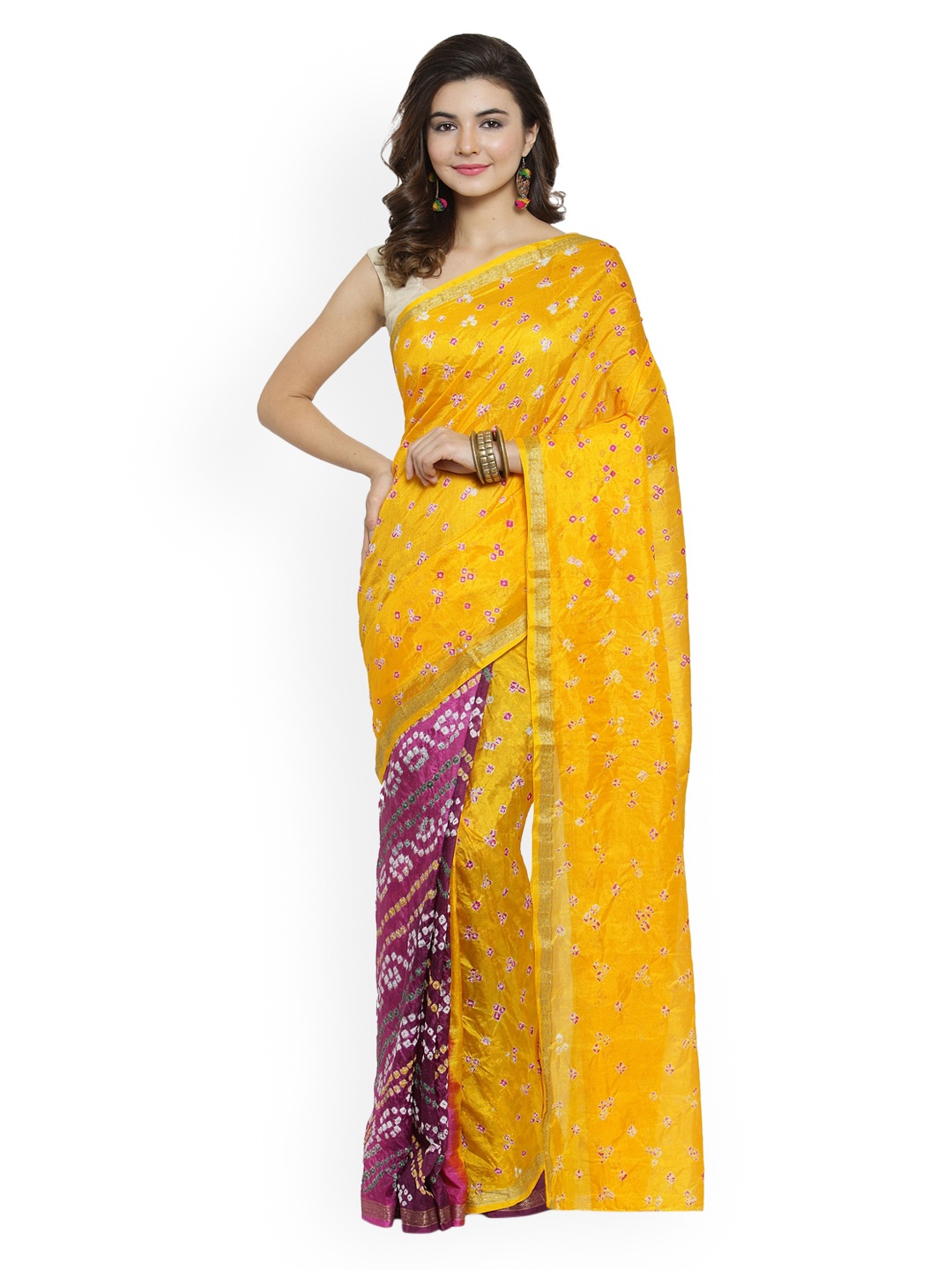 

Geroo Jaipur Yellow & Purple Art Silk Dyed Bandhani Sustainable Saree