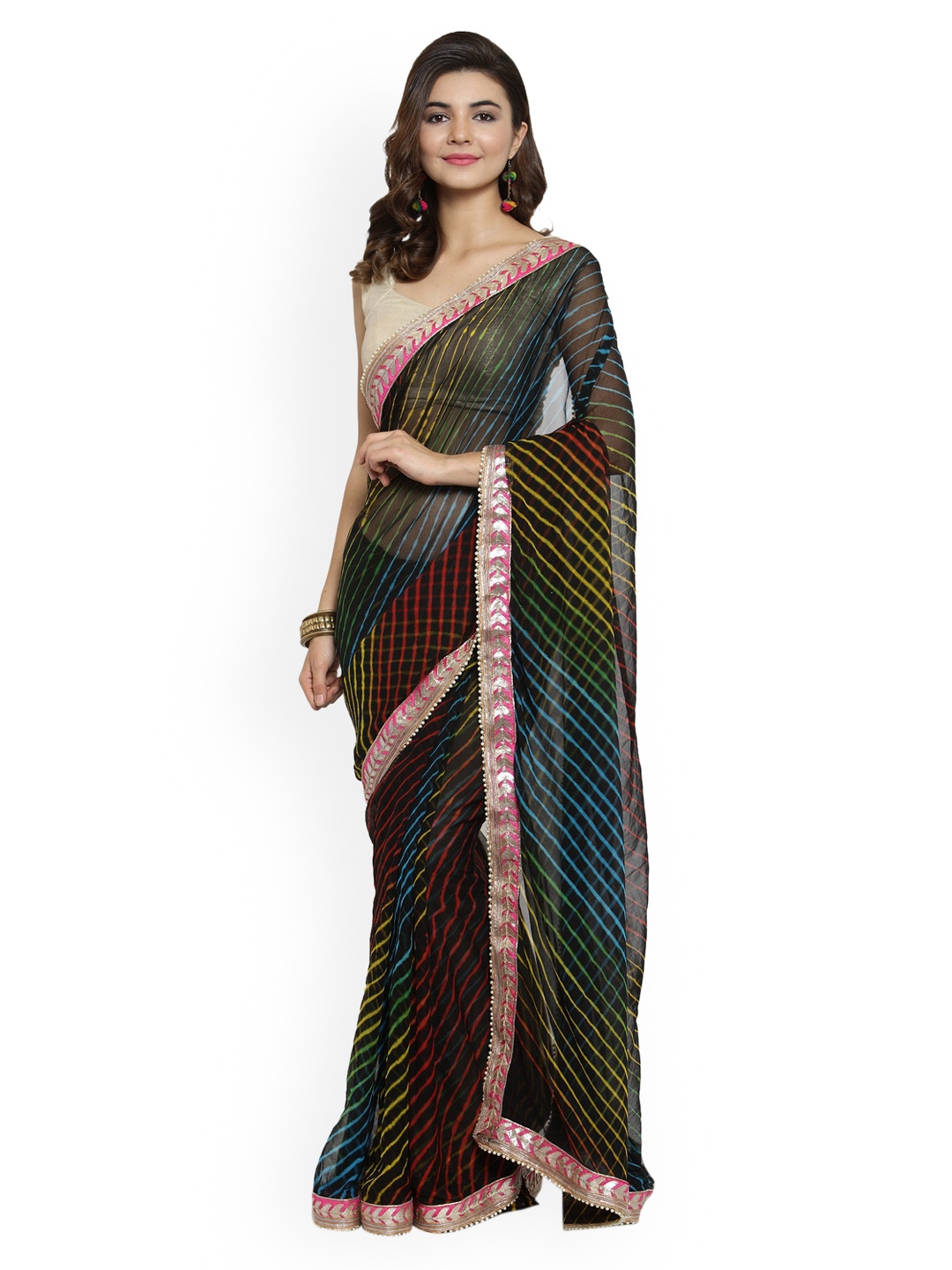 

Geroo Jaipur Hand Dyed Multicolour Leheriya Chiffon Saree, Black