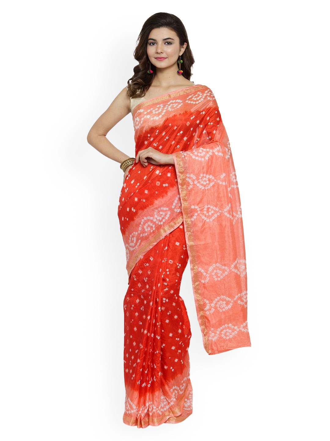 

Geroo Jaipur Pink & Peach-Coloured Art Silk Dyed Bandhani Sustainable Saree