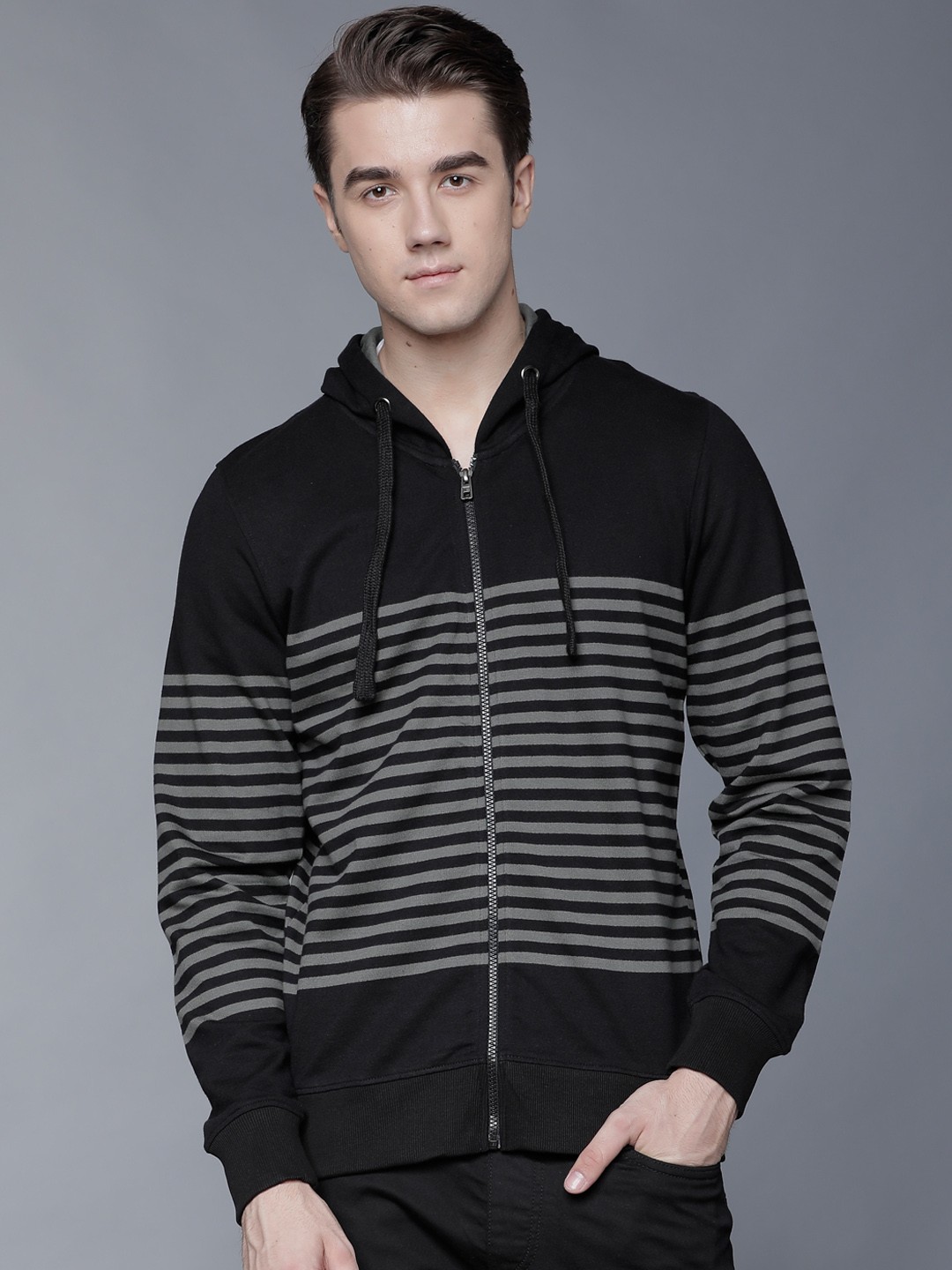 

HIGHLANDER Men Black Striped Hooded Sweatshirt