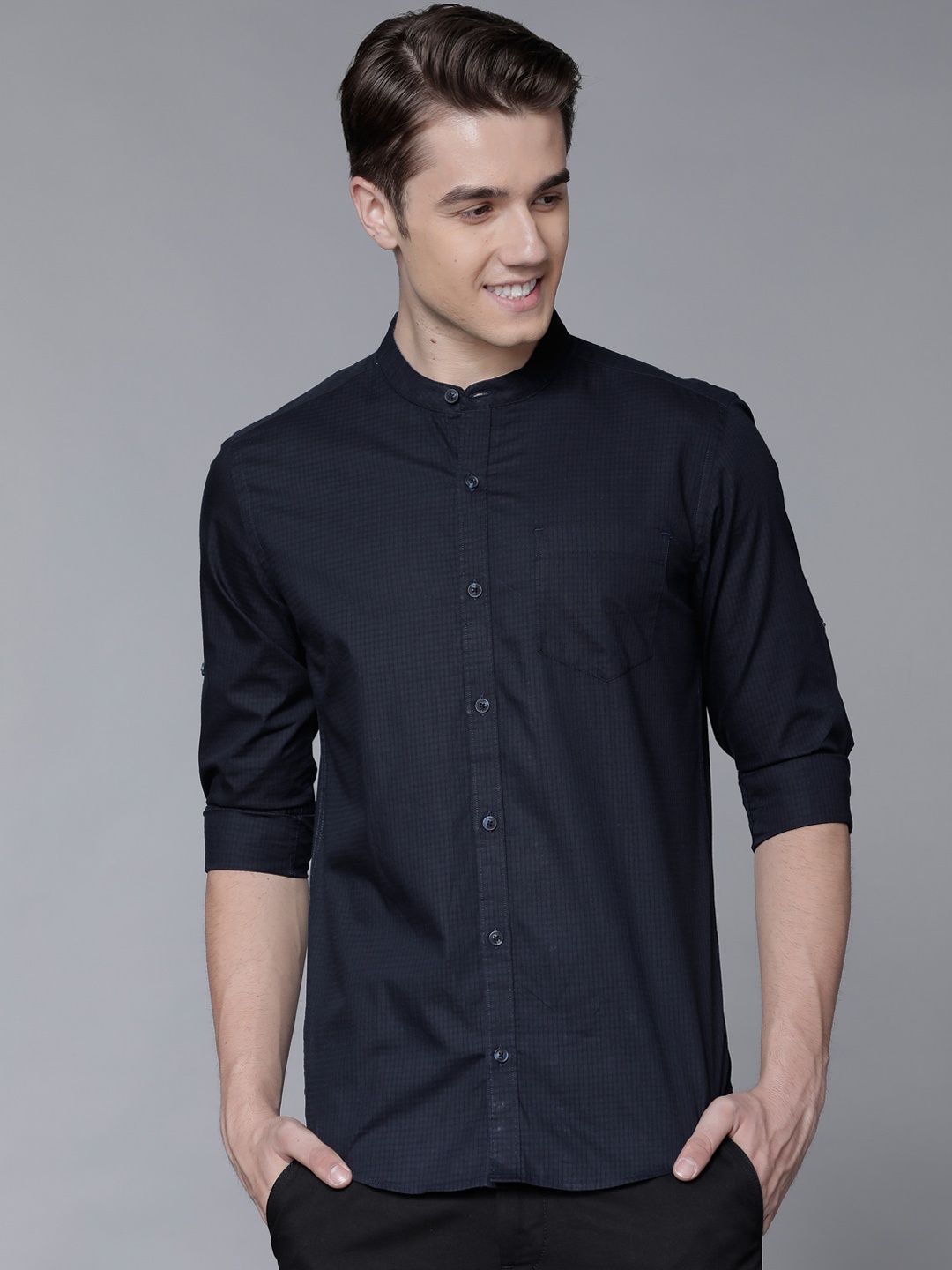 

Black coffee Men Navy Blue Slim Fit Self Design Casual Shirt