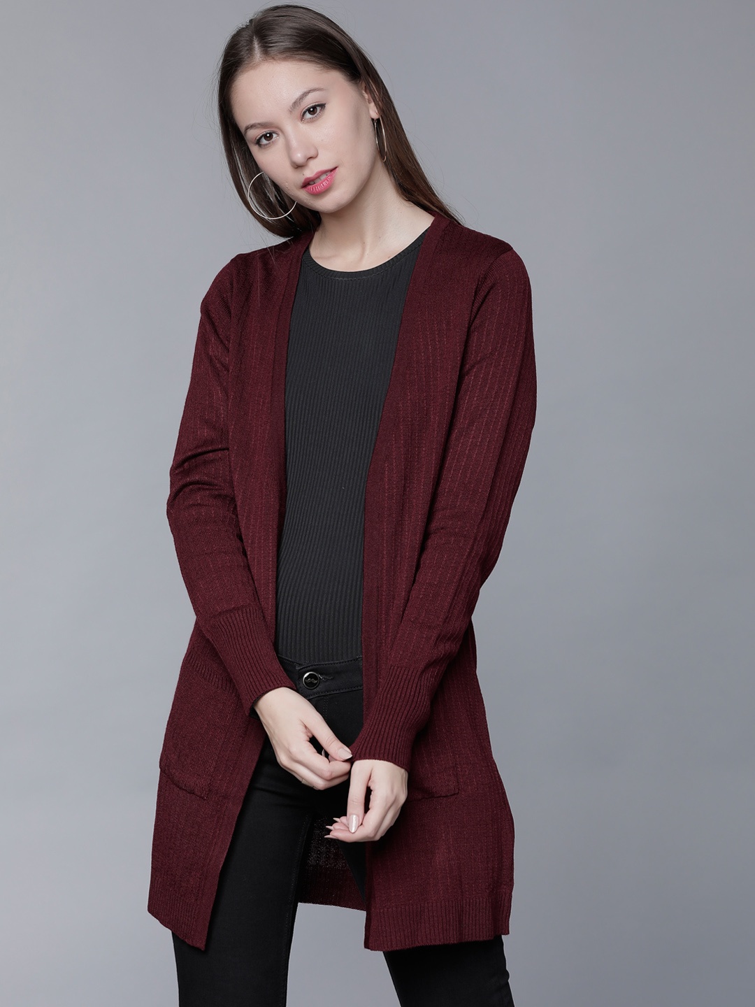 

Tokyo Talkies Women Maroon Solid Front-Open