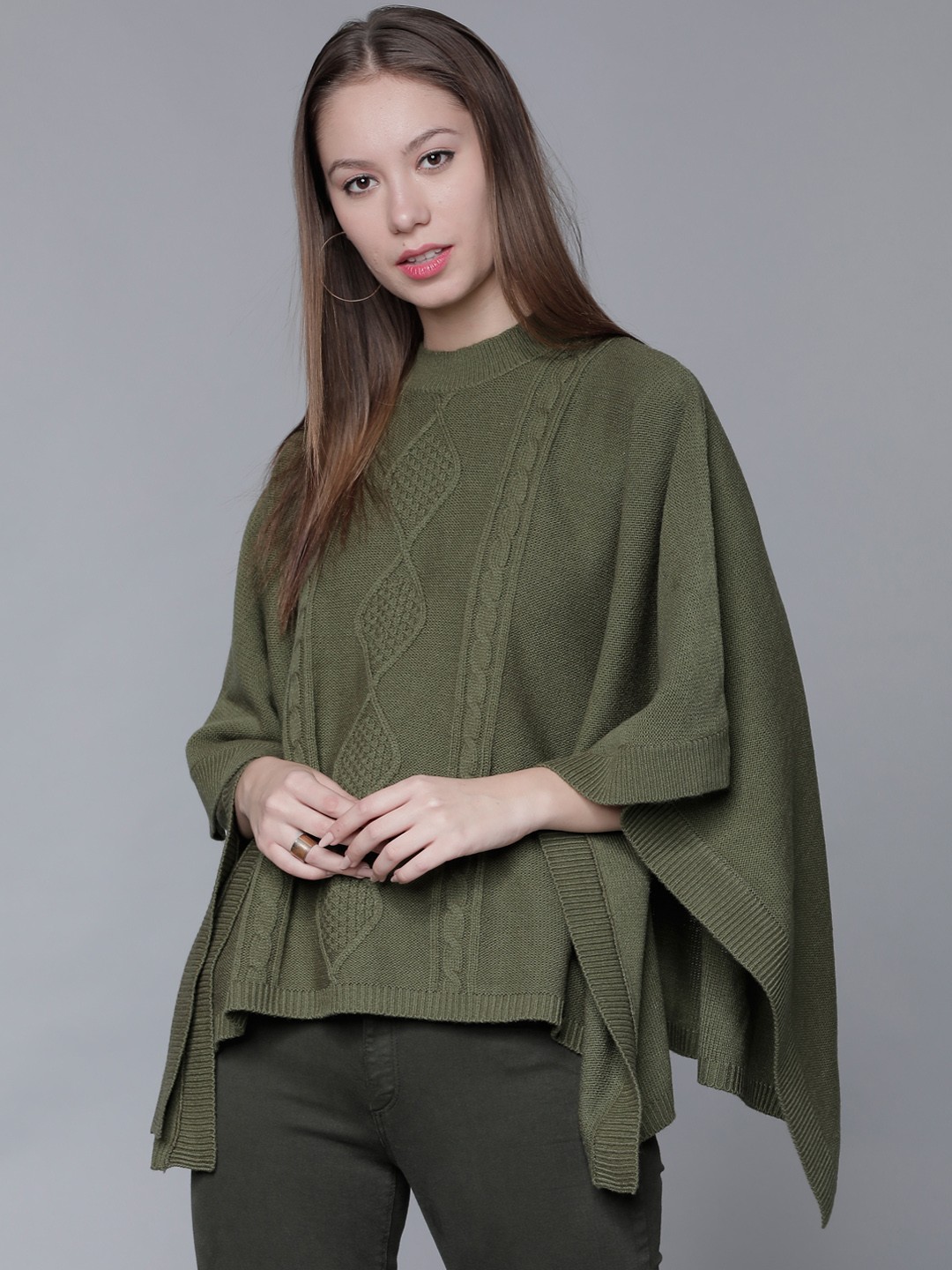 

Tokyo Talkies Women Olive Green Self Design Pullover