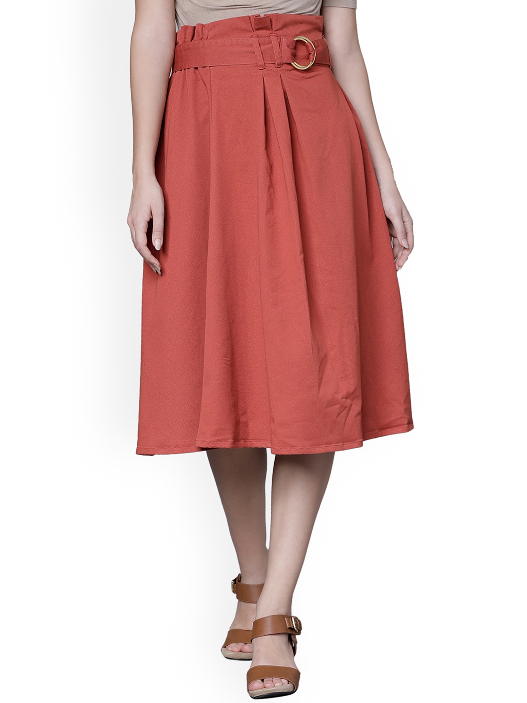 

Tokyo Talkies Women Rust Brown Solid Midi Pure Cotton Skirt