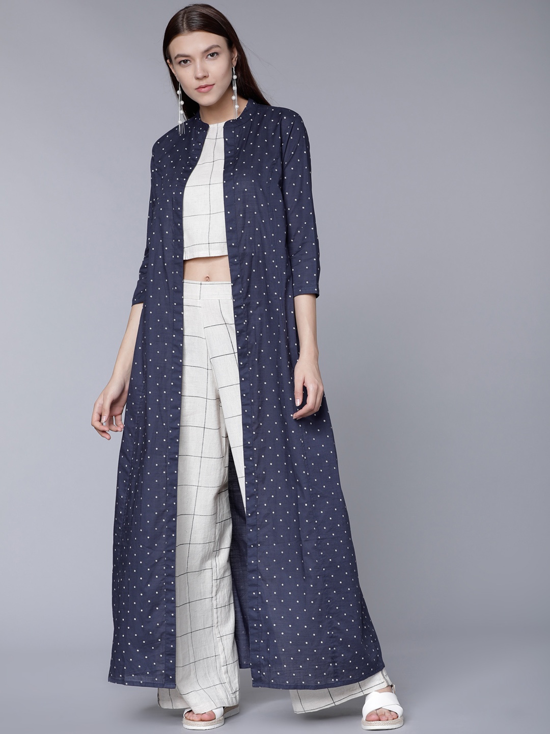 

Vishudh Women Cream-Coloured & Blue Checked Top with Palazzos