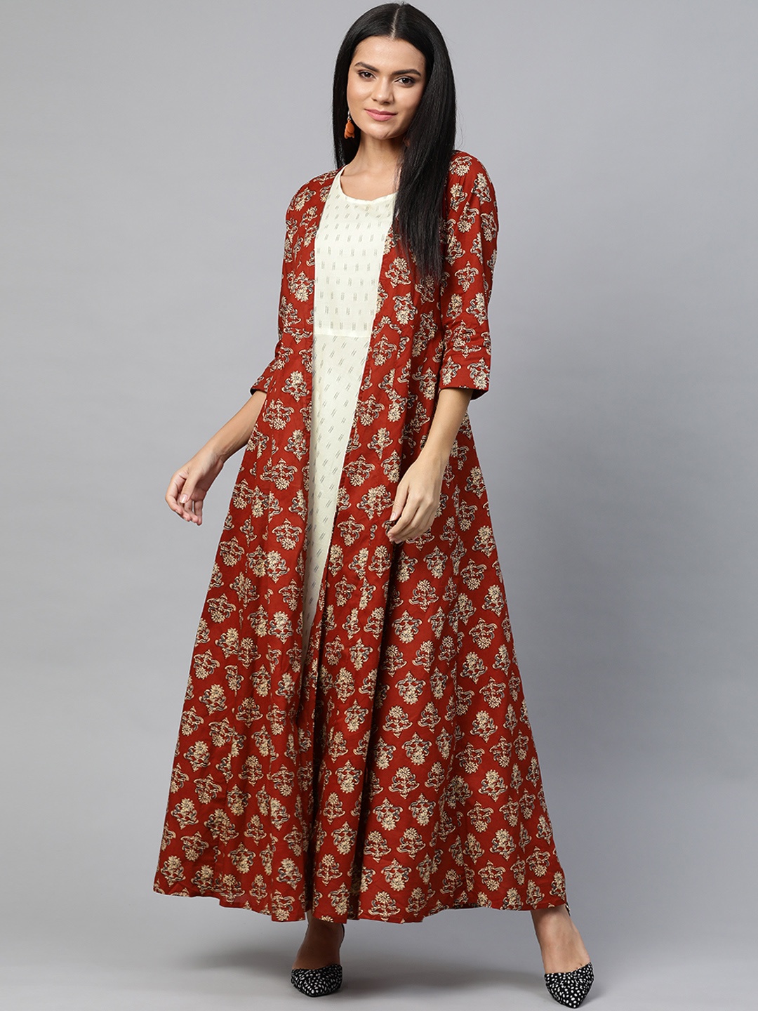 

Vishudh Rust Orange & Off White Ethnic Motifs Maxi Dress with Longline Jacket