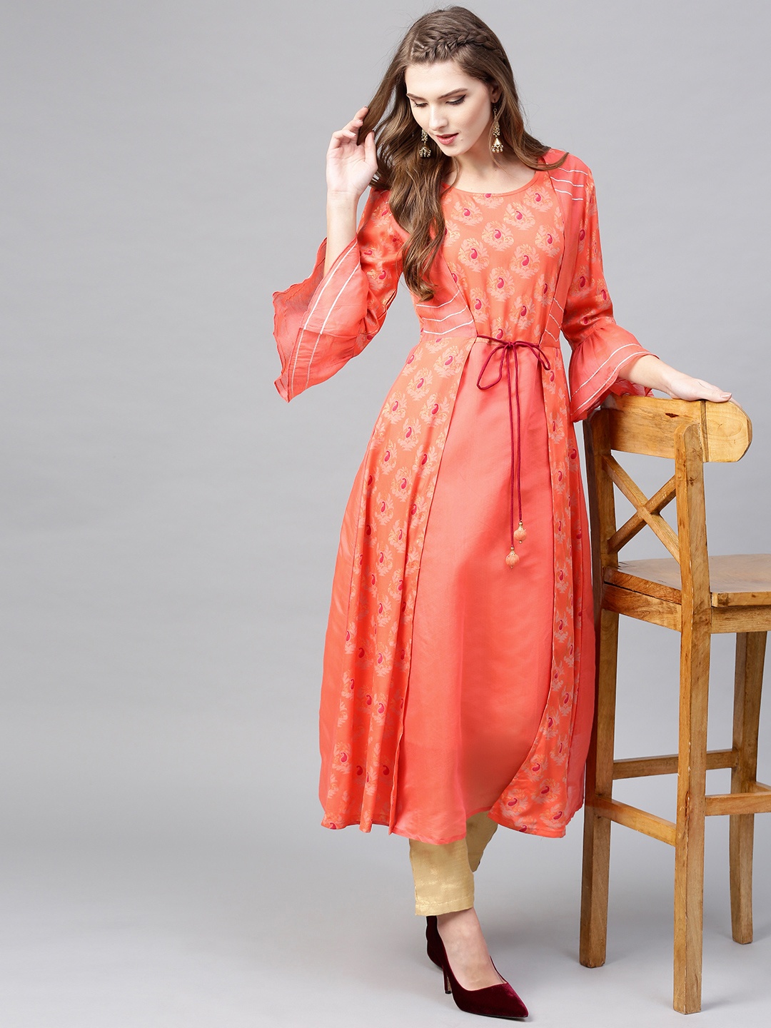 

Yufta Women Coral Orange Printed Layered A-Line Kurta