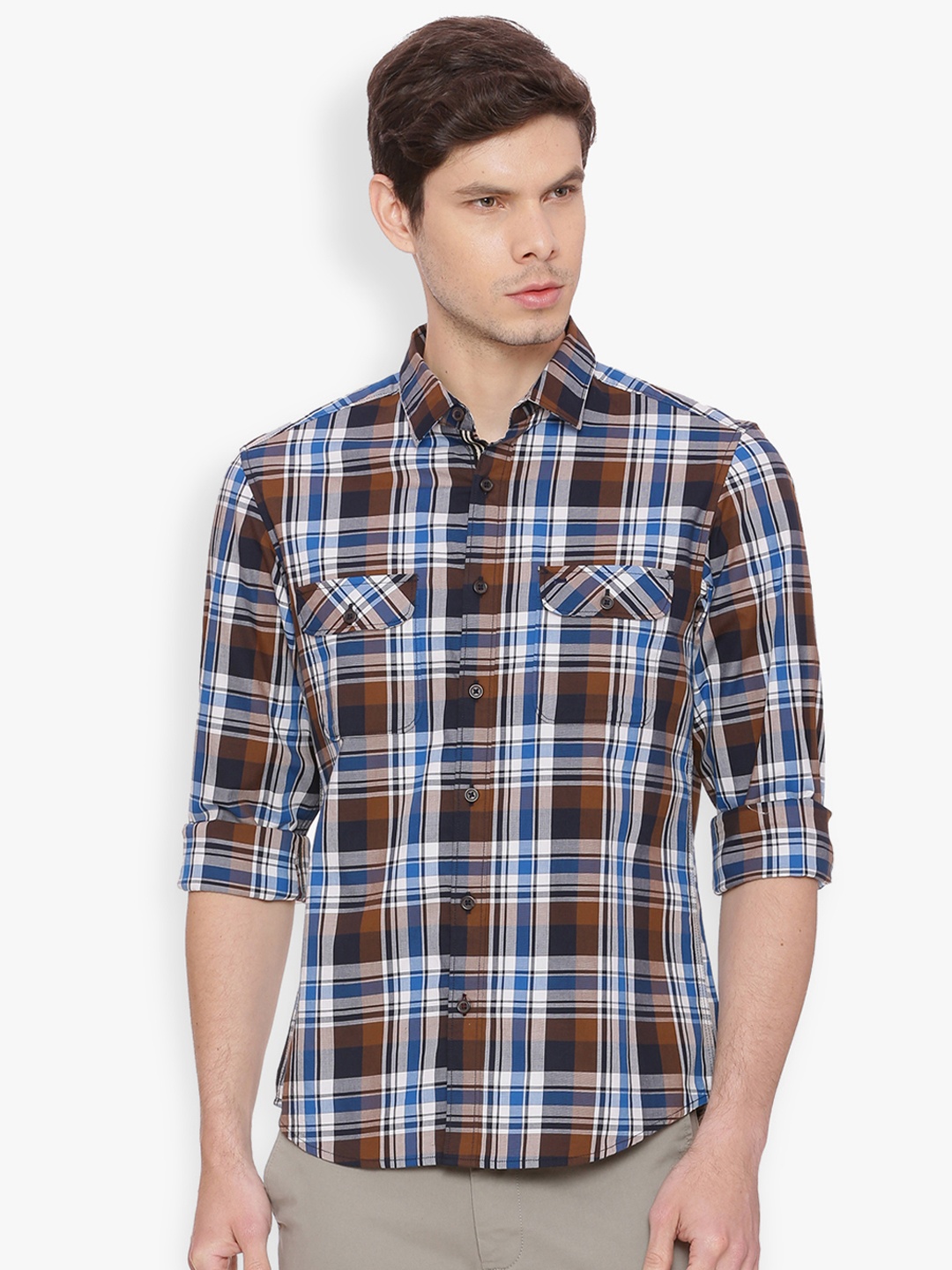 

Basics Men Brown & Blue Slim Fit Checked Casual Shirt