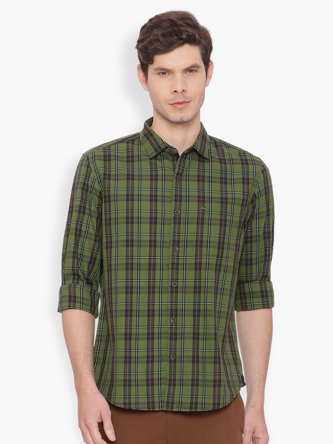 

Basics Men Green & Brown Slim Fit Checked Casual Shirt