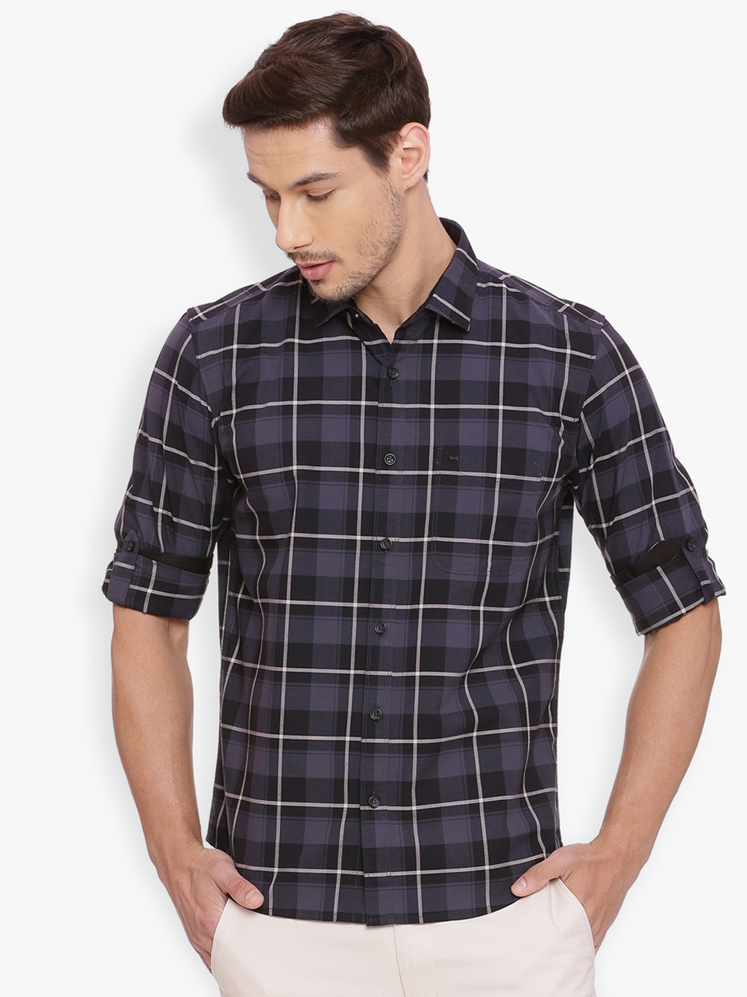 

Basics Men Grey & Black Slim Fit Checked Casual Shirt